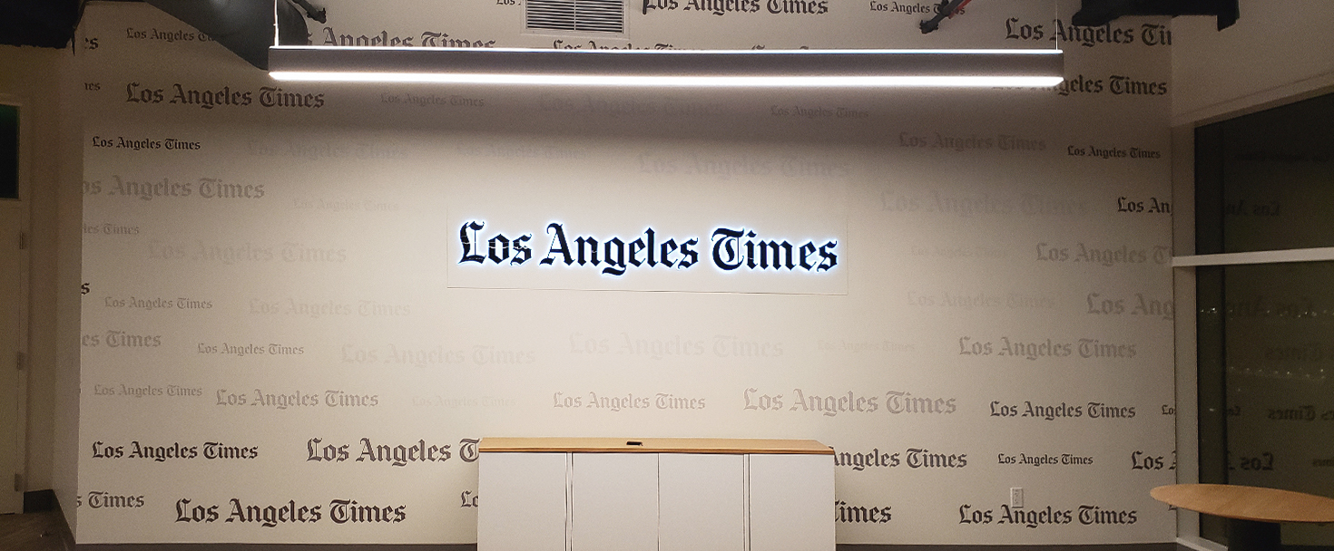 LA Times custom backlit sign in black made of opaque vinyl, aluminum, and acrylic