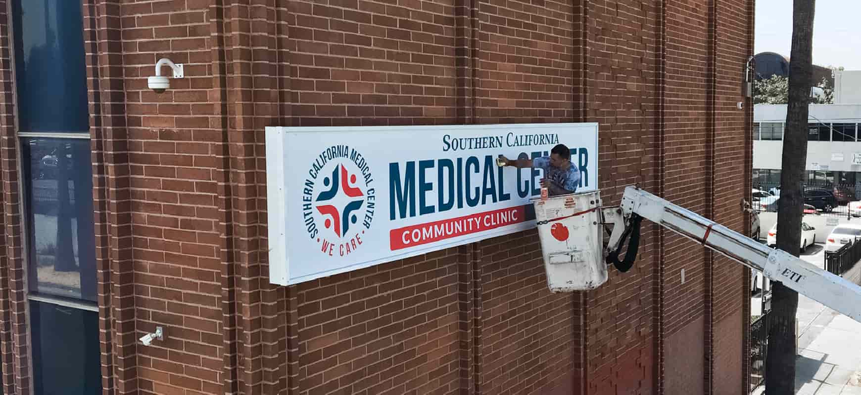 Southern California Med Center light up sign made of aluminum and acrylic during installation