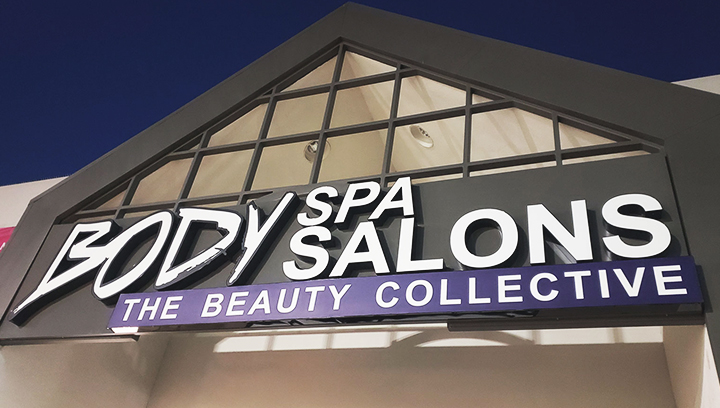 Body Spa Salons light up building sign in white made of aluminum and acrylic