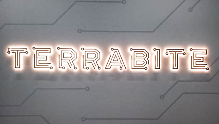 Terrabite brand LED custom light up sign of the company name in aluminum and acrylic