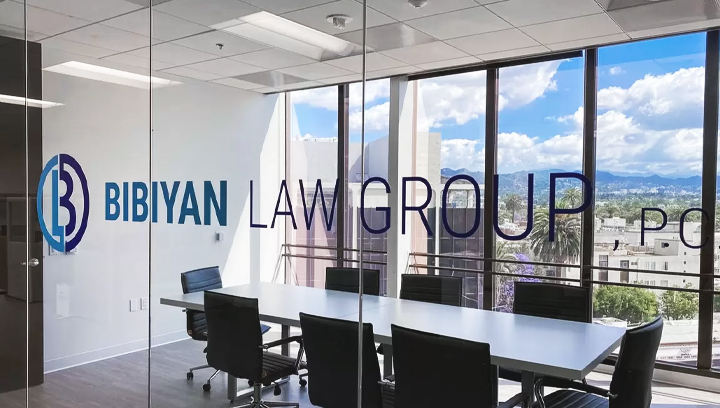 Bibiyan Law Group office conference room branding sign made of opaque vinyl