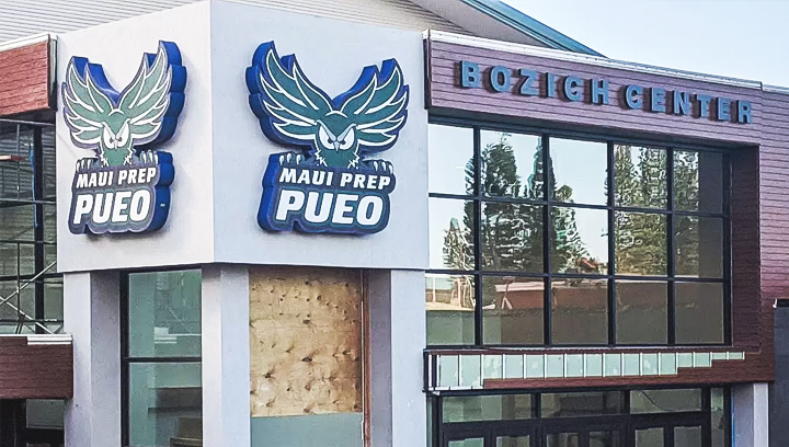 Maui Prep Pueo office logo sign with a custom shape made of aluminum and acrylic