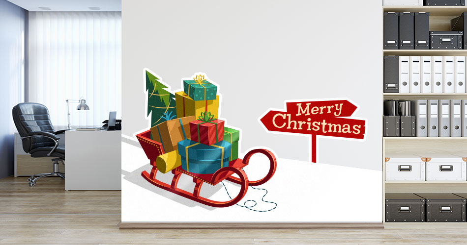 Merry Christmas and a sledge full of gifts wall mural