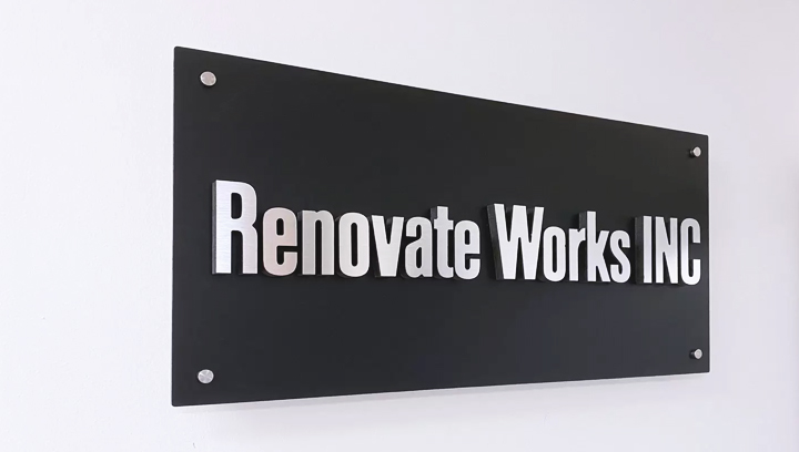 Renovate Works Inc foam core office sign in black color made of aluminum and ultra board