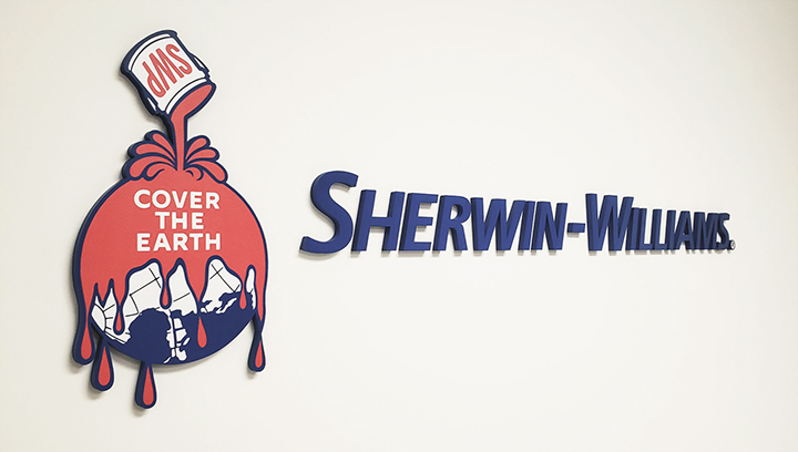 Sherwin Williams 3D logo lobby sign in blue, red, and white colors made of acrylic