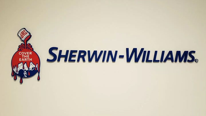 Sherwin-Williams dimensional office sign displaying the company name and logo made of acrylic