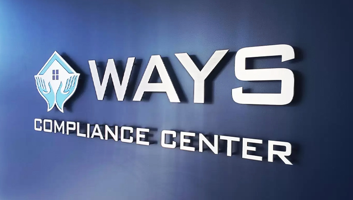 Ways Compliance Center metal office sign in white color made of brushed aluminum