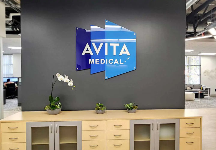 Avita Medical lobby sign on a clear acrylic element for interior branding