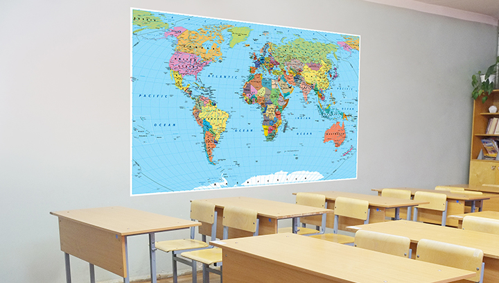 school wall decal displaying the world map made of vinyl