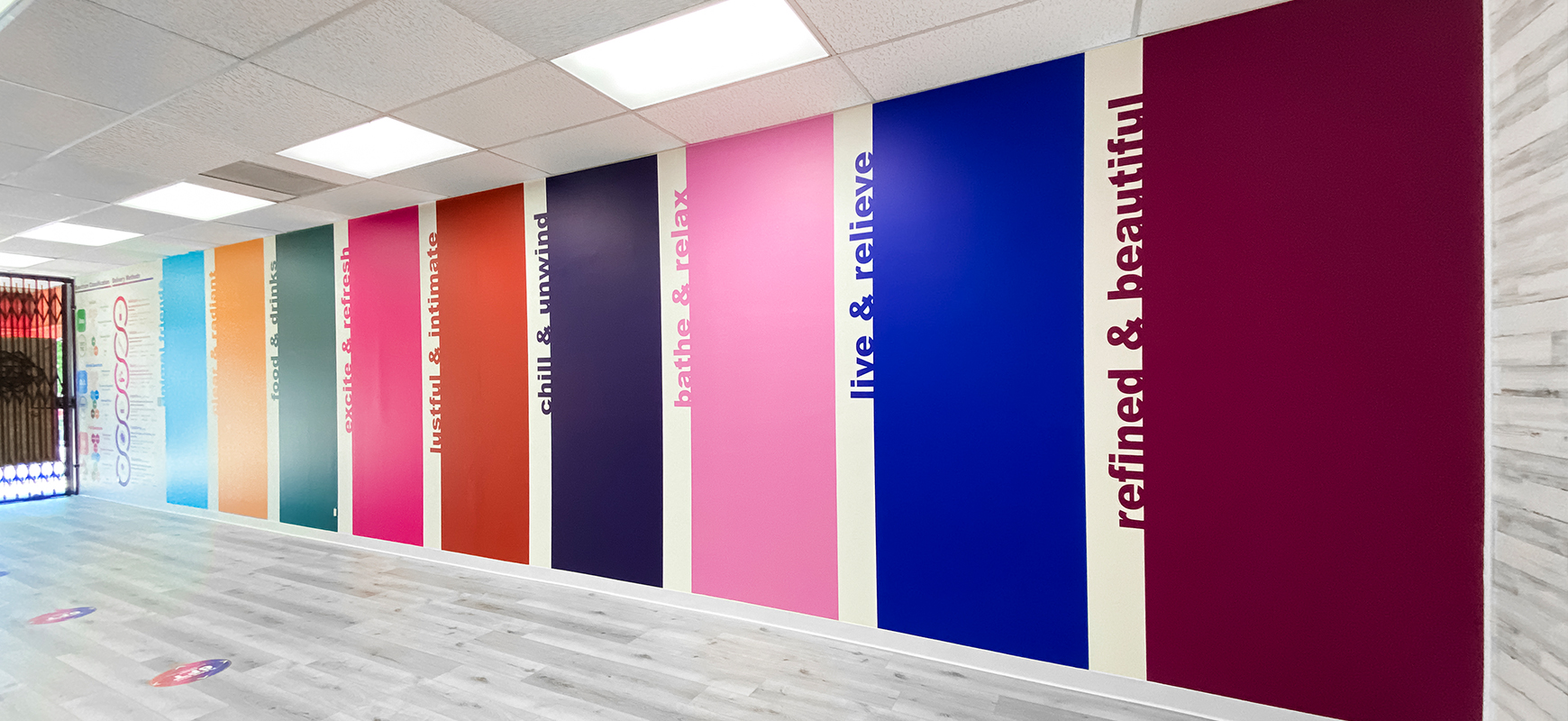 Colorful custom vinyl wall decals displaying positive words made of opaque vinyl