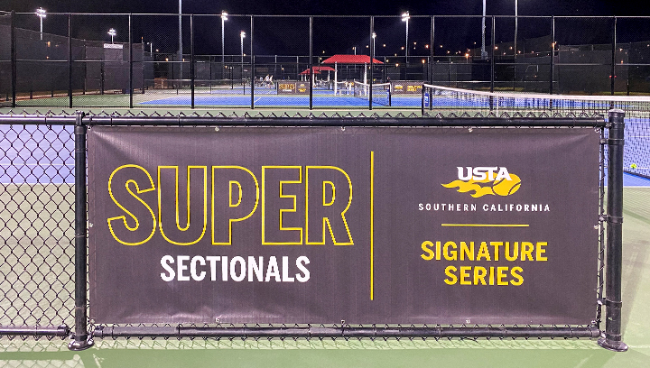 USTA large scale printing on vinyl in yellow and white letters for sport stadium