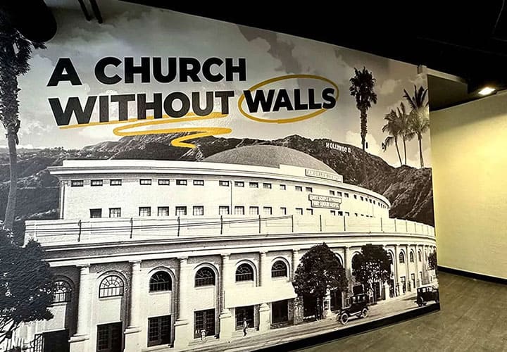 Dream Center large format printing on opaque vinyl displaying a retro church photo
