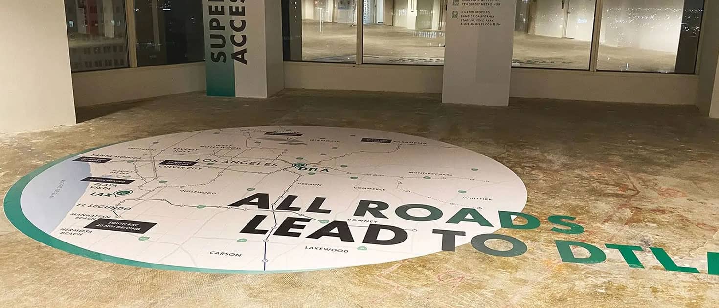 DTLA custom floor decals displaying the company's location on a map made of opaque vinyl