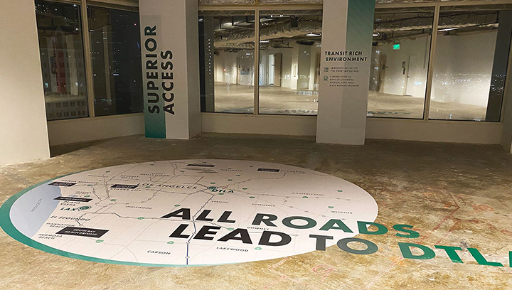 DTLA indoor custom decals displaying address map made of opaque vinyl applied to the floor