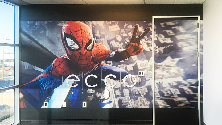 Ecco Studios custom wall decals displaying Spider Man made of opaque vinyl for branding