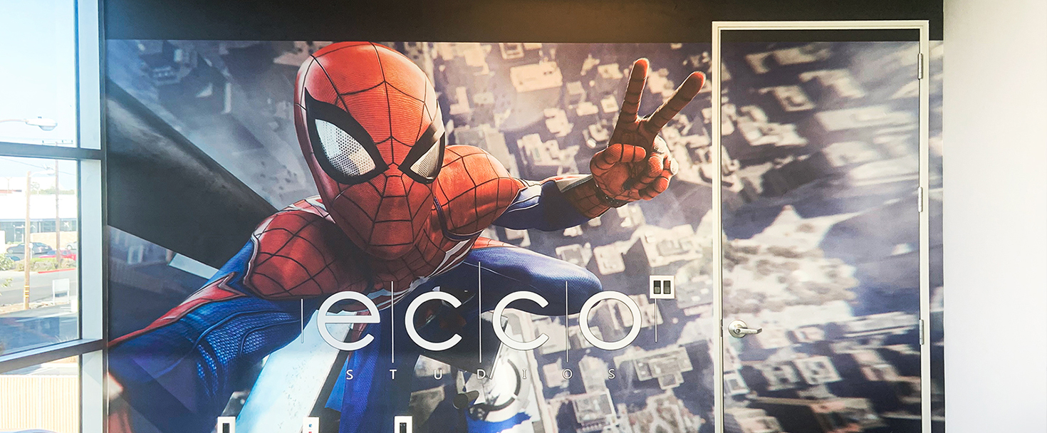 Ecco Studios custom wall decal displaying Spider Man made of opaque vinyl for branding