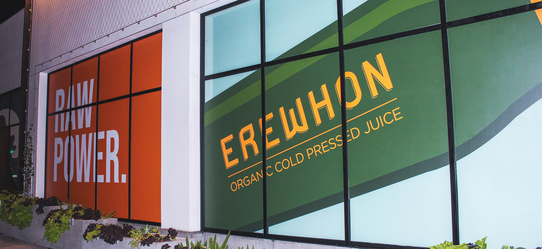 Erewhon window graphics in a large size made of opaque vinyl for storefront branding