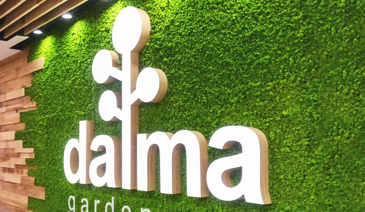 Biophilic lobby signs for Dalma mall with custom facelit design and a green backdrop