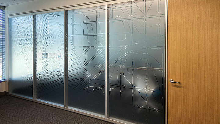 Neutrogena custom window decal made of frosted vinyl for lobby privacy