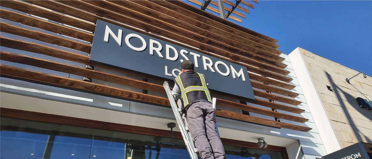 Nordstrom signage repair of the facade display made of aluminum and acrylic