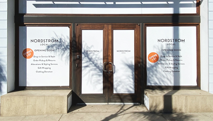 Nordstrom Local storefront window decals in white made of opaque vinyl for advertising