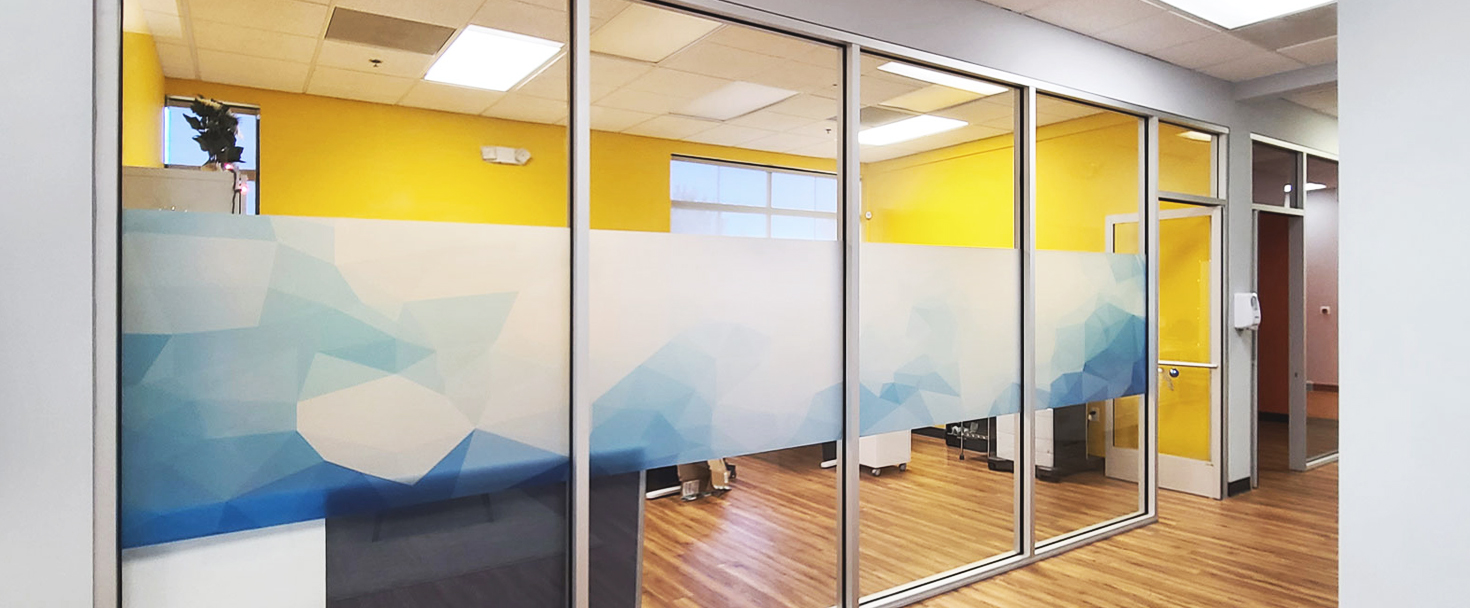 abstract style window graphics made of frosted vinyl for office decorating