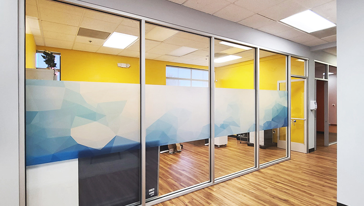 frosted lobby graphics with custom prints displayed on the office windows for interior design