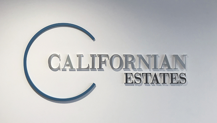 Californian Estates wall mounted foam core sign made of ultra board for office branding