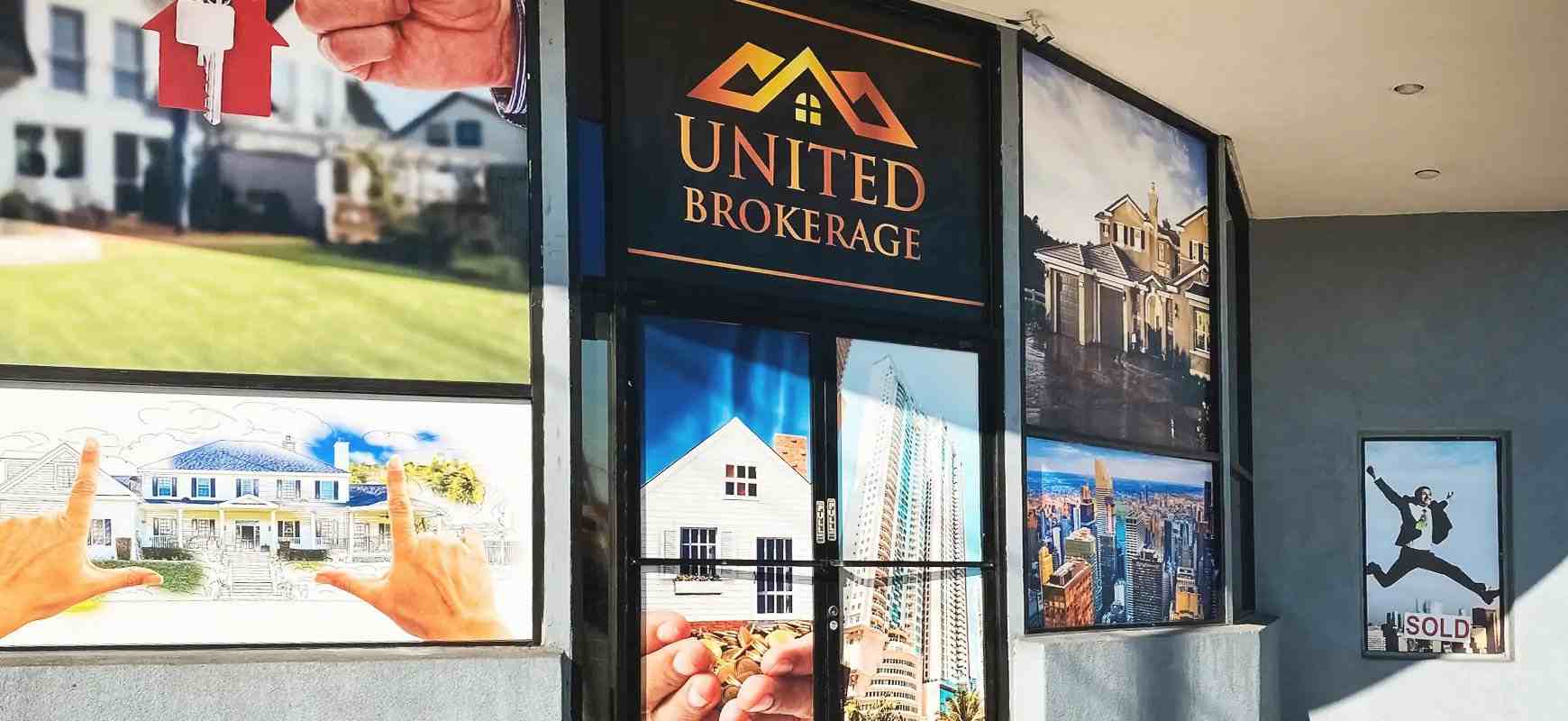 United Brokerage custom window decals in a promotional style made of opaque vinyl
