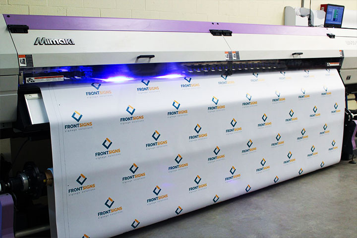 Front Signs large scale printing process with Mimaki machine on white vinyl banner