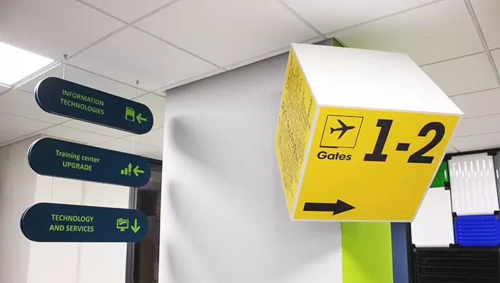 Directional lobby signs for a bank guiding visitors to different indoor locations