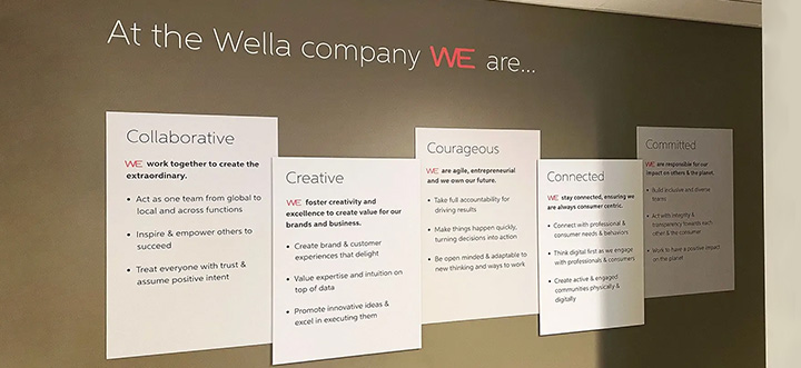 Wella Professionals office signs made of foam board and opaque vinyl for branding