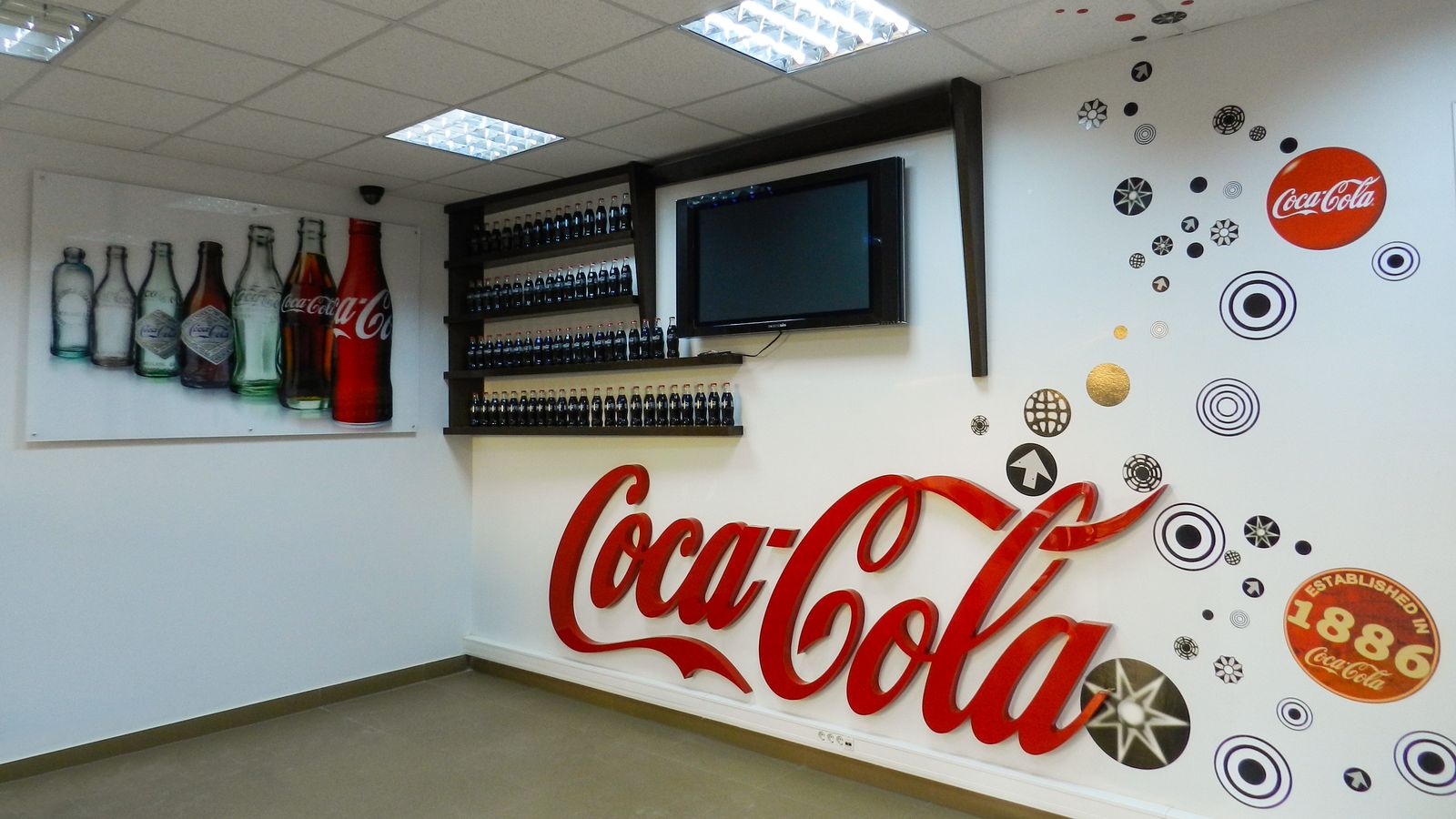 Coca Cola custom interior wall sign with decorative stickers made of acrylic and opaque vinyl