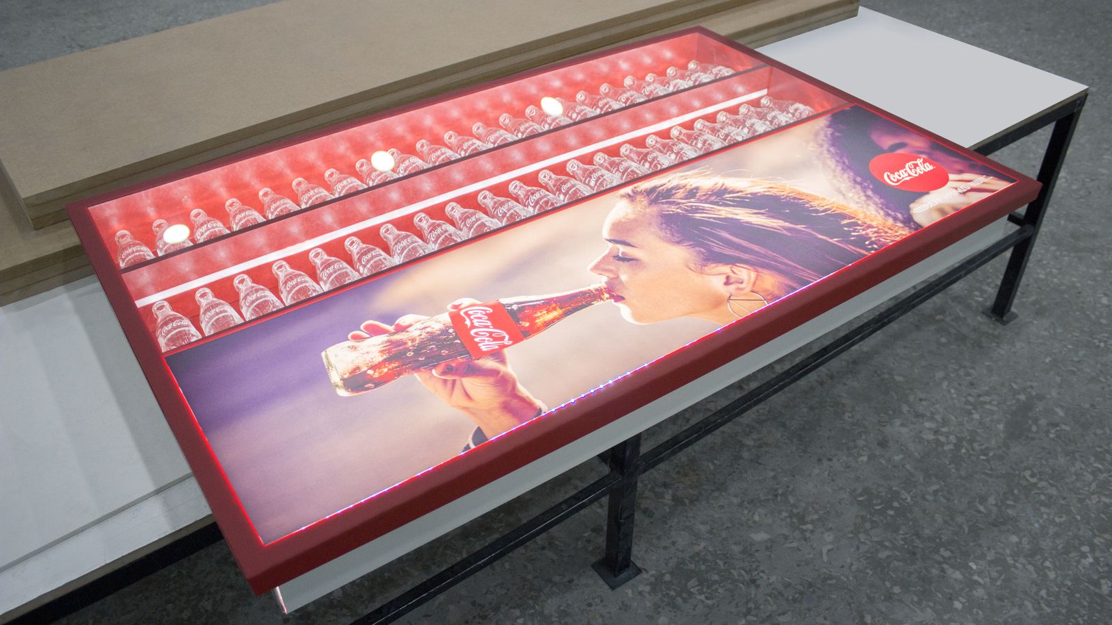 Coca-Cola LED light box with branded bottles made of aluminum and backlit vinyl