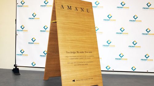 Wooden A-frame sign for Amanu