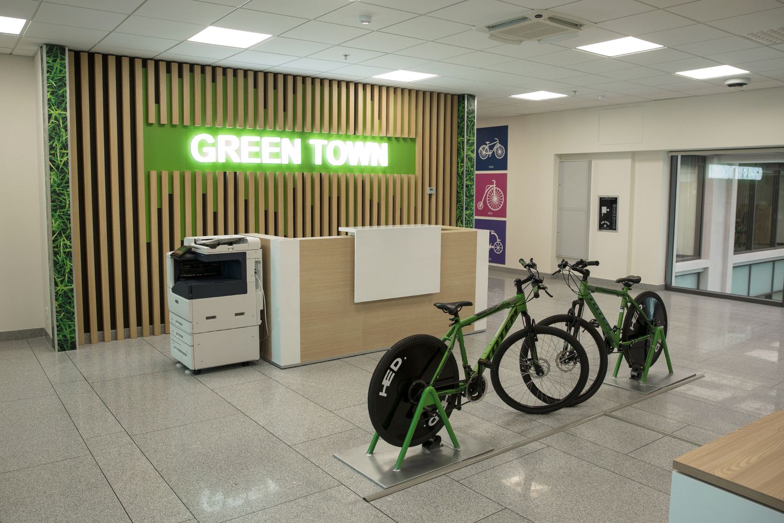 Ameriabank custom interior signs with Green Town text made of acrylic and wood for decorating