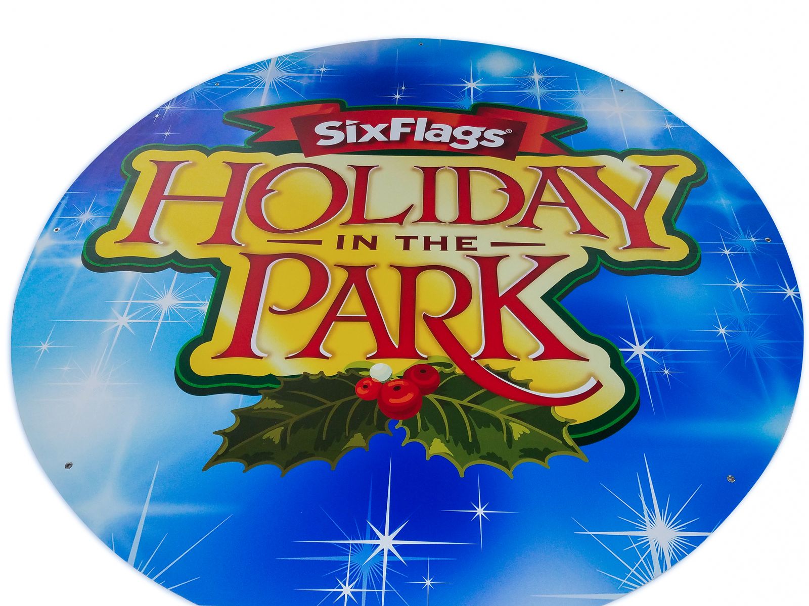 Six Flags light box sign with winter-themed graphics made of Lexan for holiday promotion