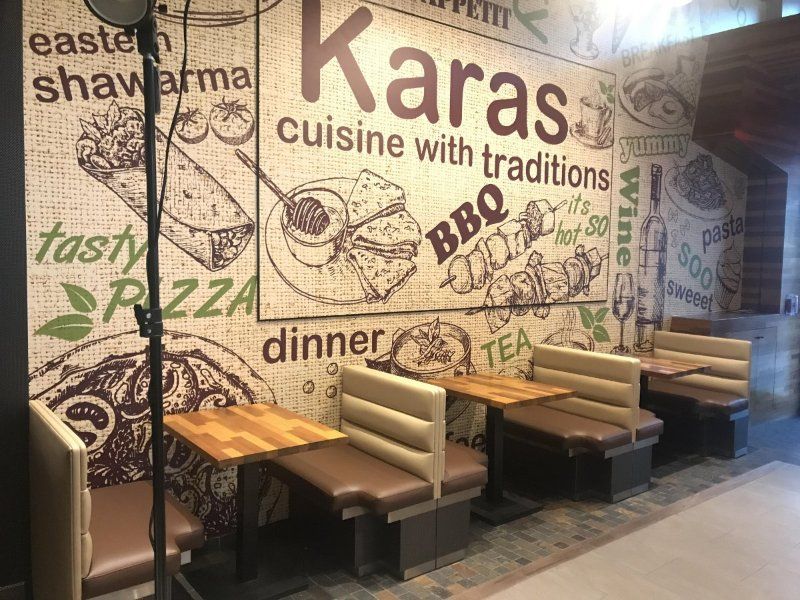 Karas interior wall sign with restaurant thematic graphics made of opaque vinyl for designing