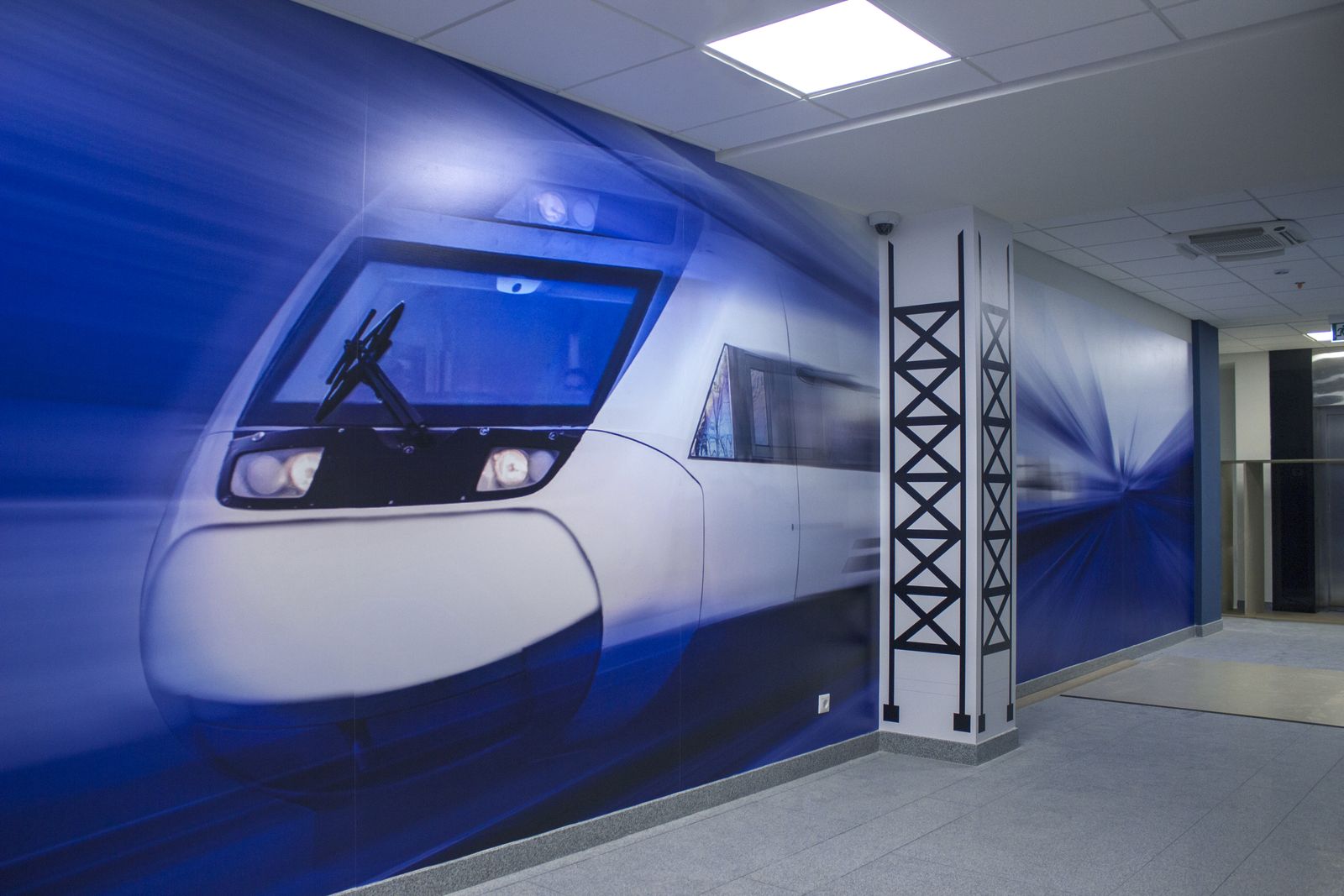 Ameriabank custom interior wall sign displaying an image of a train made of opaque vinyl