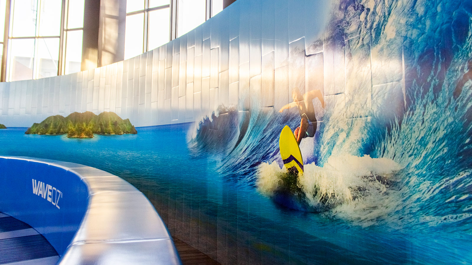 Flow House custom indoor wall sign with a surfer graphic made of opaque vinyl for branding