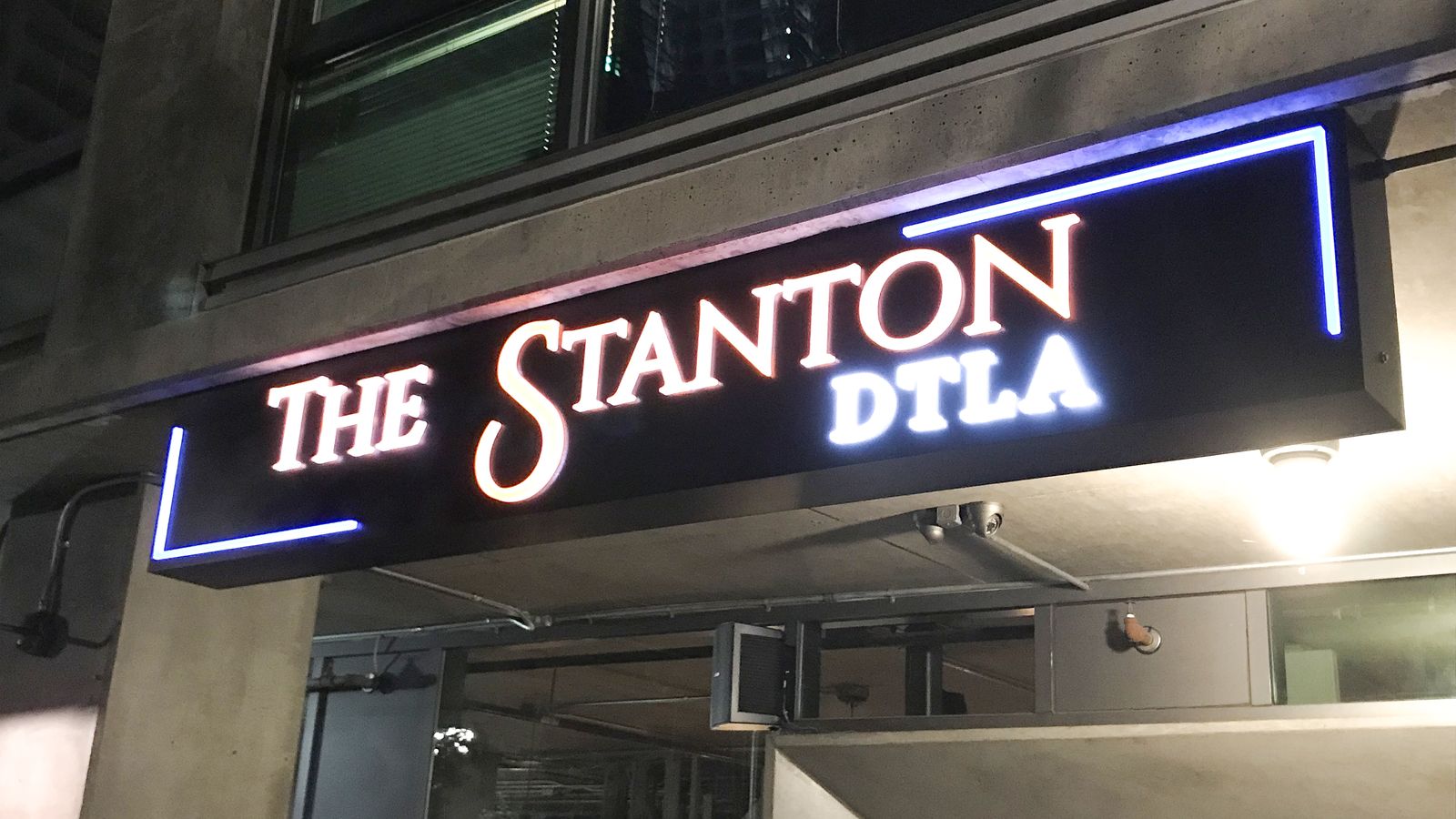 The Stanton DTLA large light box in an awning style made of aluminum and acrylic for branding