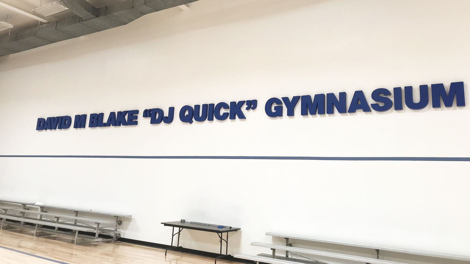 David M Blake Dj Quick Gymnasium 3d metal sign painted in dark blue made of aluminum