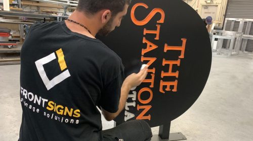 The Stanton DTLA light box sign in a round shape made of aluminum and acrylic