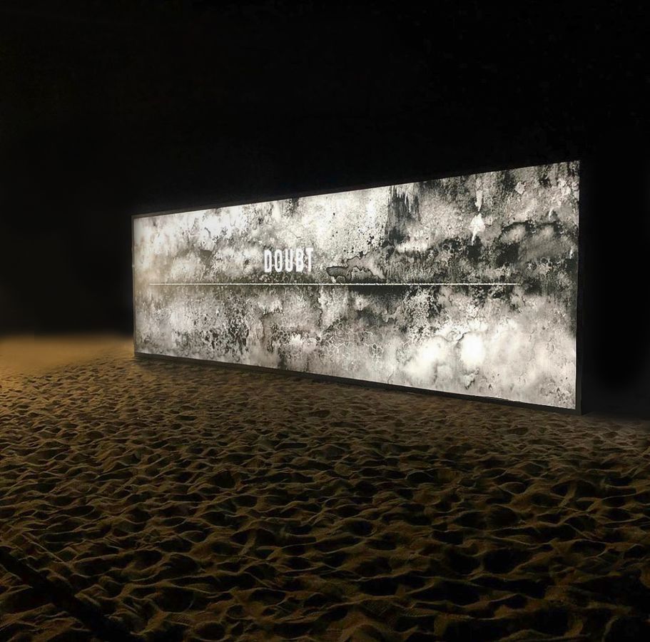 Annenberg large light box made of aluminum, Lexan, and backlit vinyl during the installation