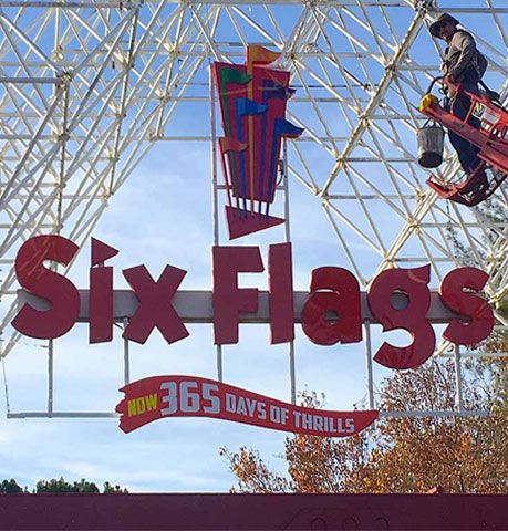 Six Flags custom light box logo sign made of aluminum and acrylic for the theme park branding