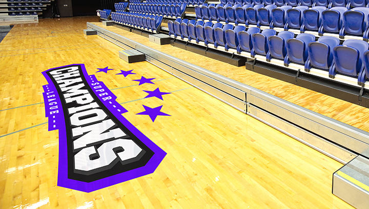 Super Champions stadium floor graphics with a purple highlight for interior branding