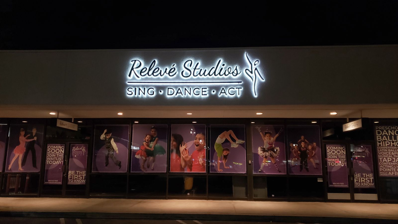 Releve Studios backlit 3d sign with the company name and logo made of aluminum for branding