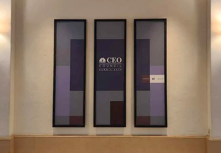 CNBC event signage in a multi-panel style made of opaque vinyl for interior branding