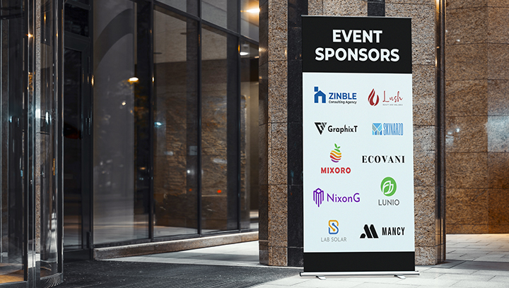 Freestanding event sign displaying multiple brand names of the event sponsors.