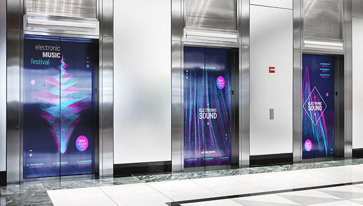 Electronic Music Festival event signs depicting promotional graphics on elevator wraps